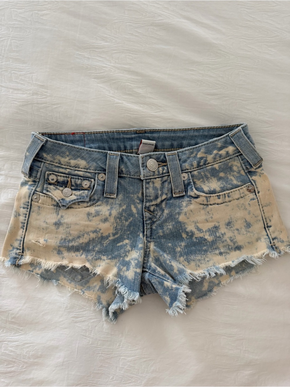 True Religion Blue and Cream Acid Wash Frayed Denim Shorts